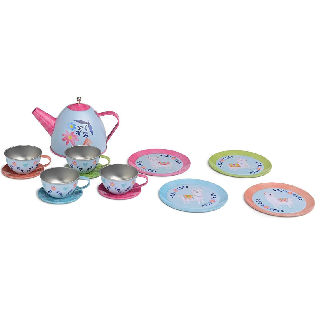 15 piece tin tea set and carrying case with llama design