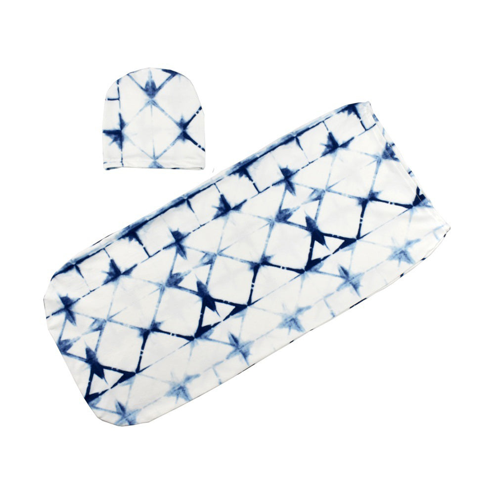 Baby Cotton Swaddling Blanket and Hat (Blue Lattice)