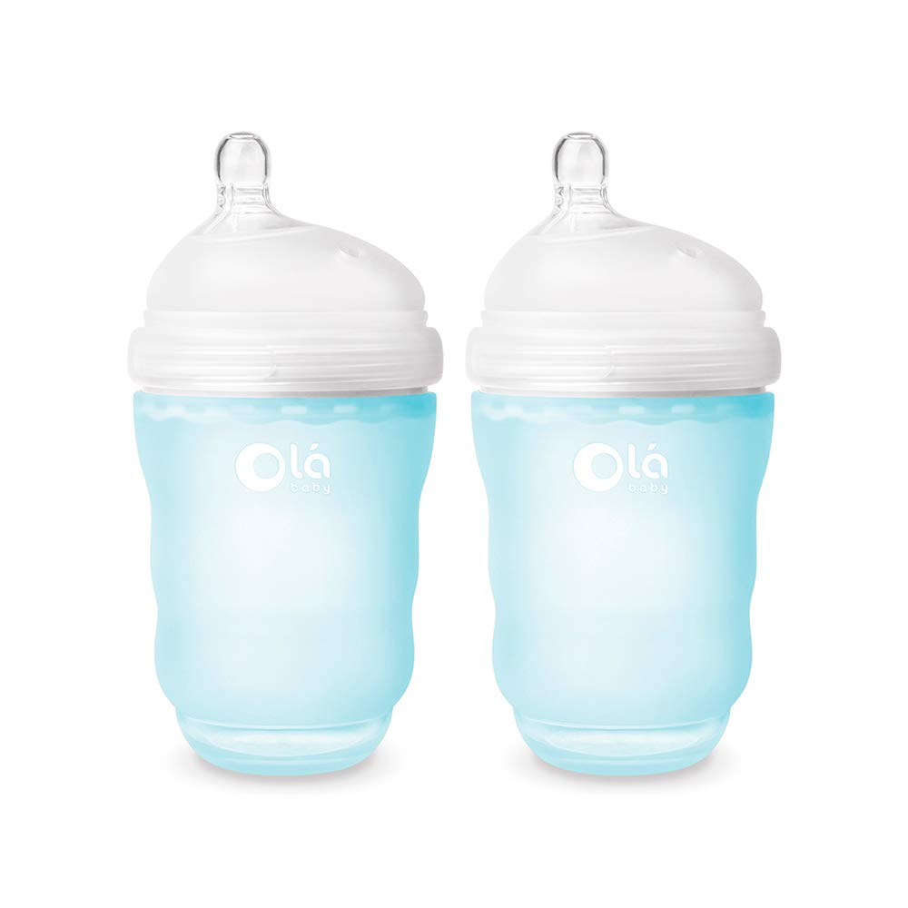 Set of 2 soft silicone baby bottles, 8 oz, (Sky)