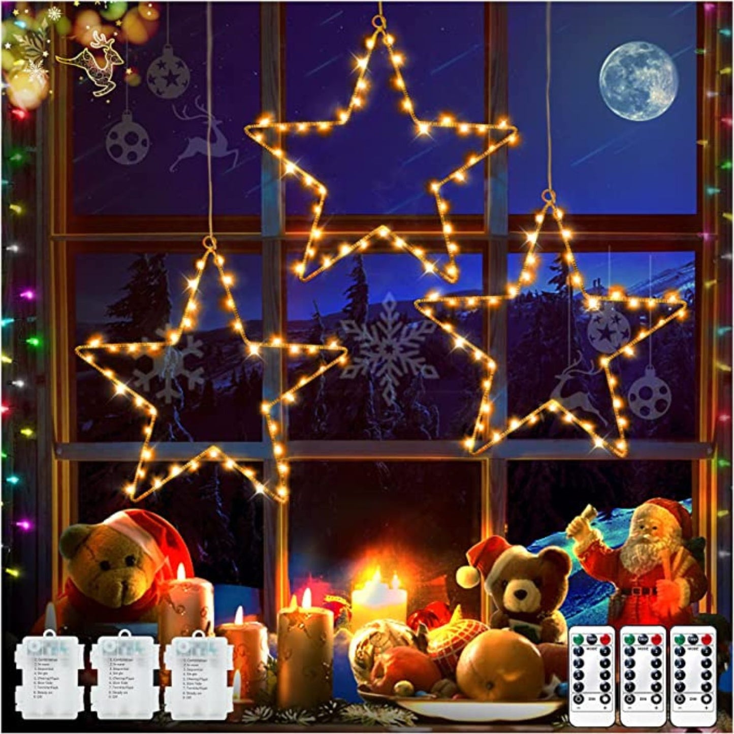 3 Pack Christmas Window Star String Lights, 45 LEDs, White