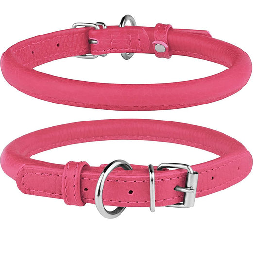 Coiled Leather Dog Collar, (9"-11" Neck Size, Pink)
