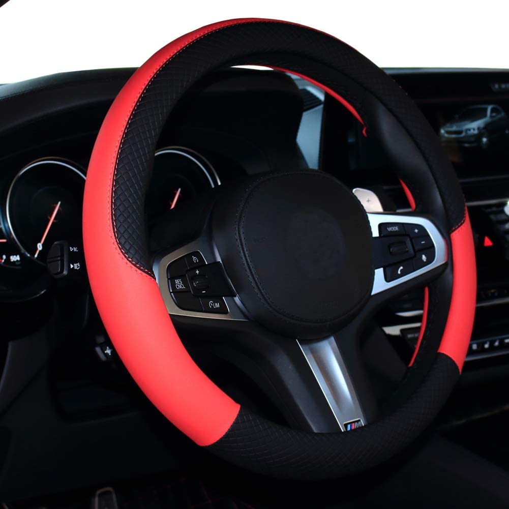 Leather Car Steering Wheel Cover, Universal Fit (Black with Red)