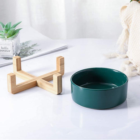 1 ceramic pet bowls with non-spill wooden stand, green