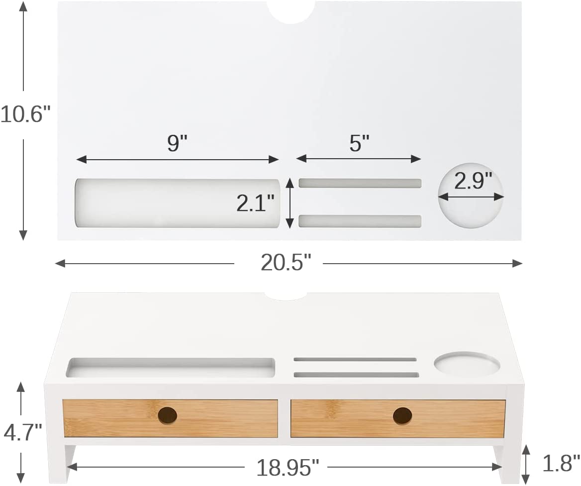 Desk Organizer with Monitor Stand and Drawers (White and Bamboo)