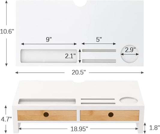 Desk Organizer with Monitor Stand and Drawers (White and Bamboo)