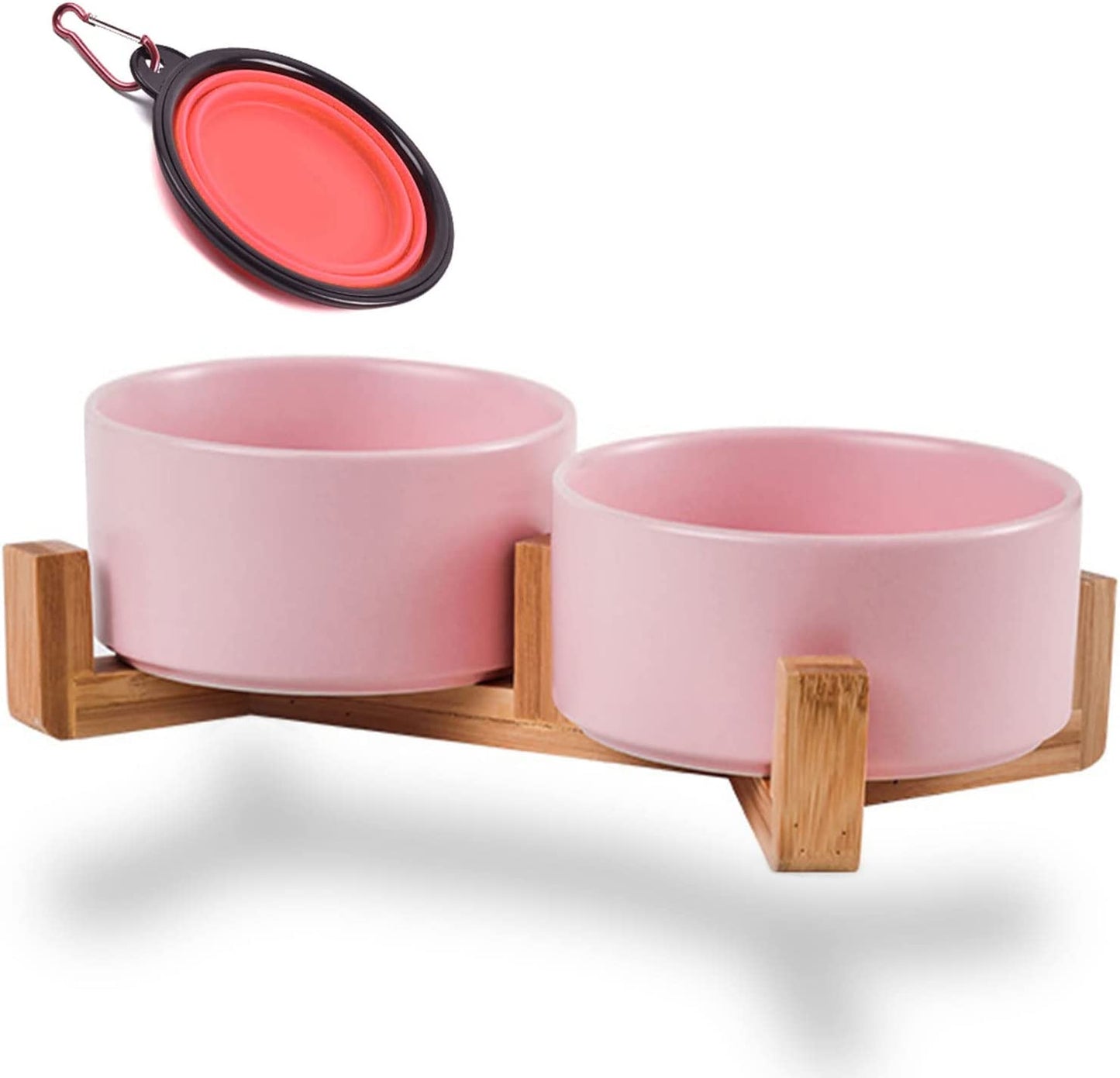 400ml*2 pink ceramic pet bowl set with wooden stand