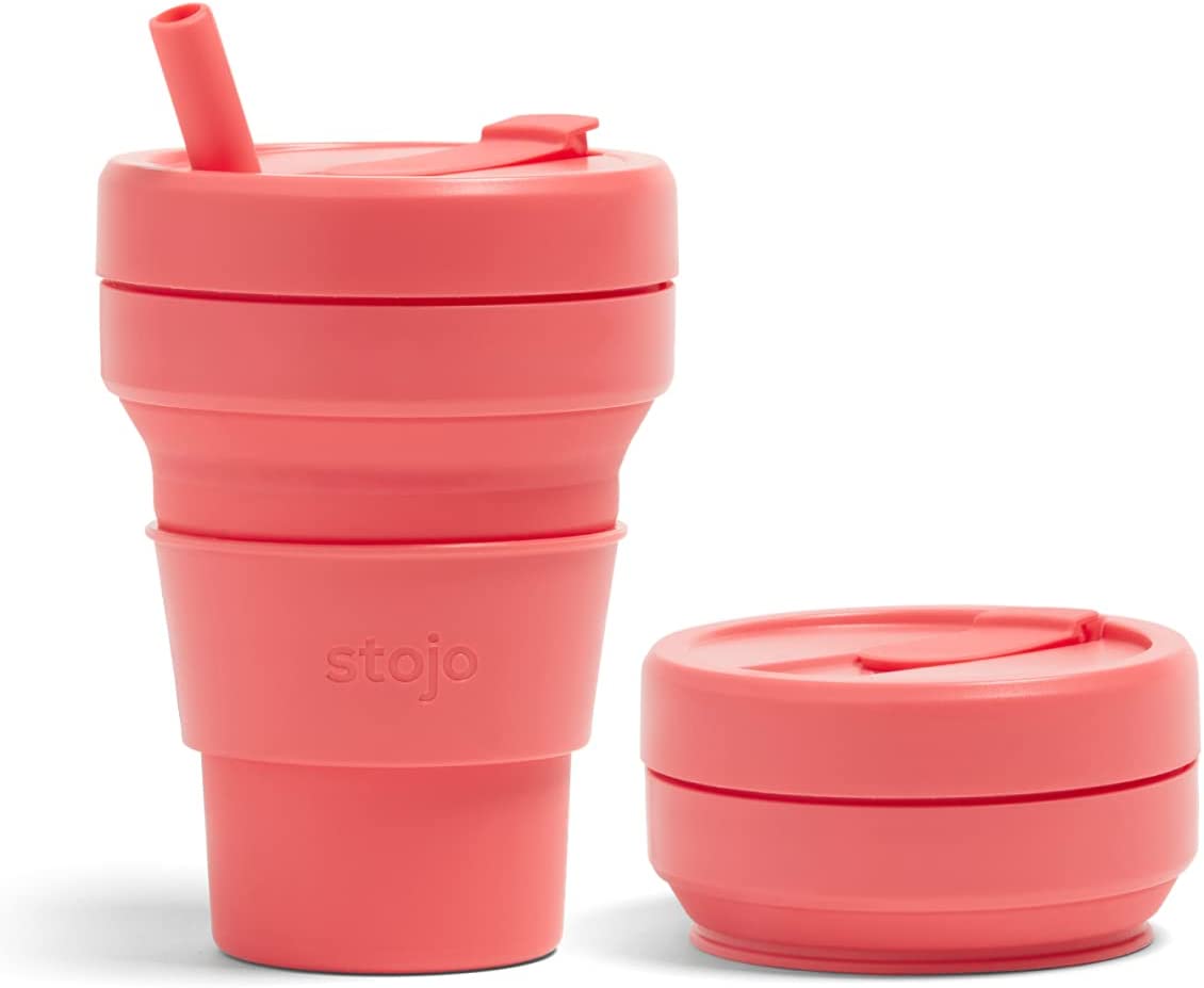 Collapsible silicone cup with straw, Color: Coral, 24 oz