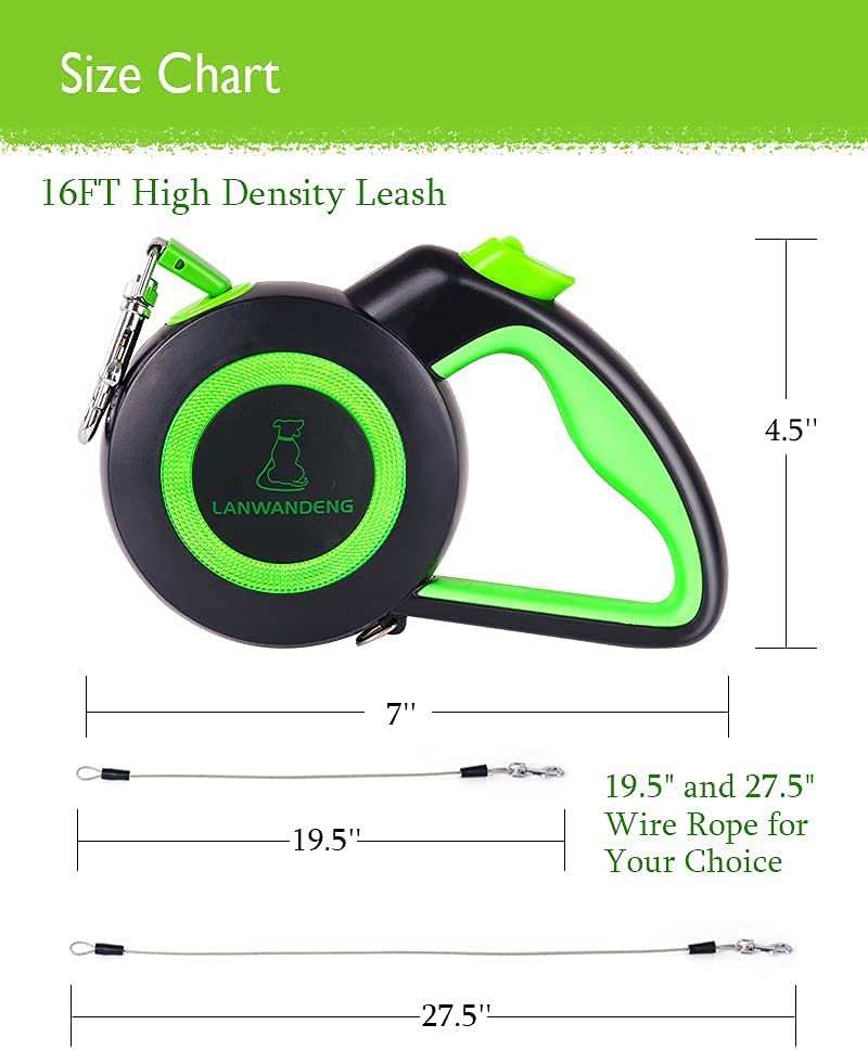 Retractable Pet Leash with 2 Wire Ropes, 16ft, Medium, Green