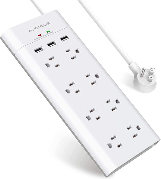 Power strip with USB, 8 outlets and 3 USB ports, white