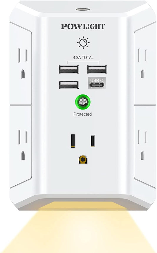 5 Outlet Extende Night Light,h 4 USB Ports,1680 Joules, White