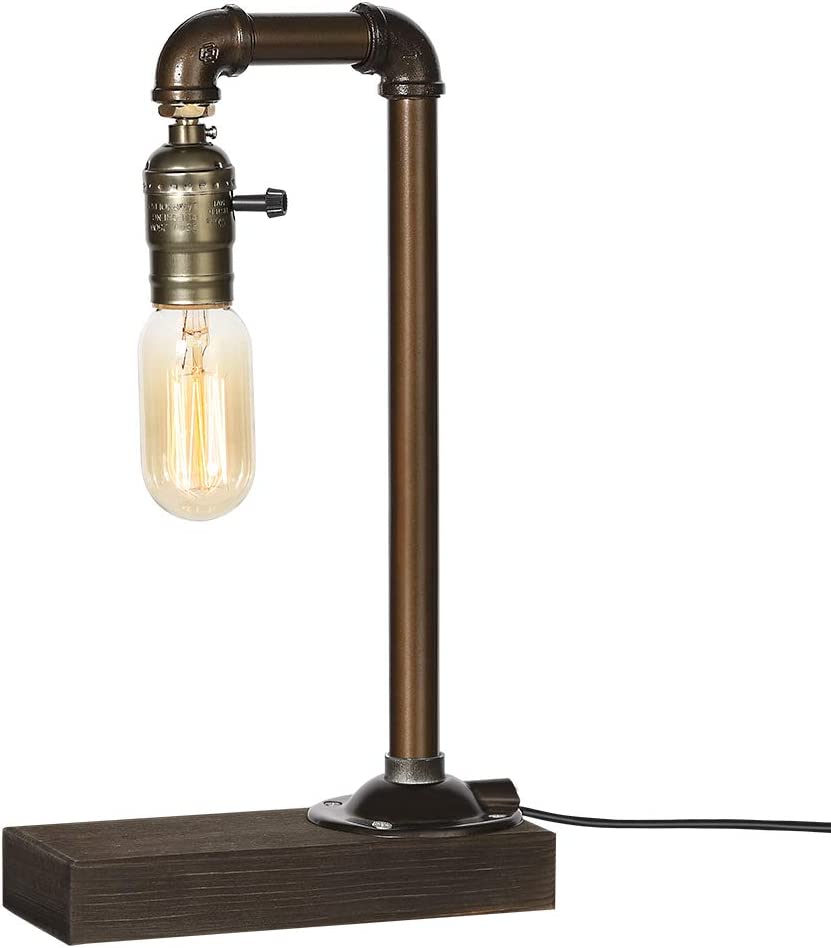 Vintage Retro Table Lamp with Wood Base and Iron Pipe (1 Pack)