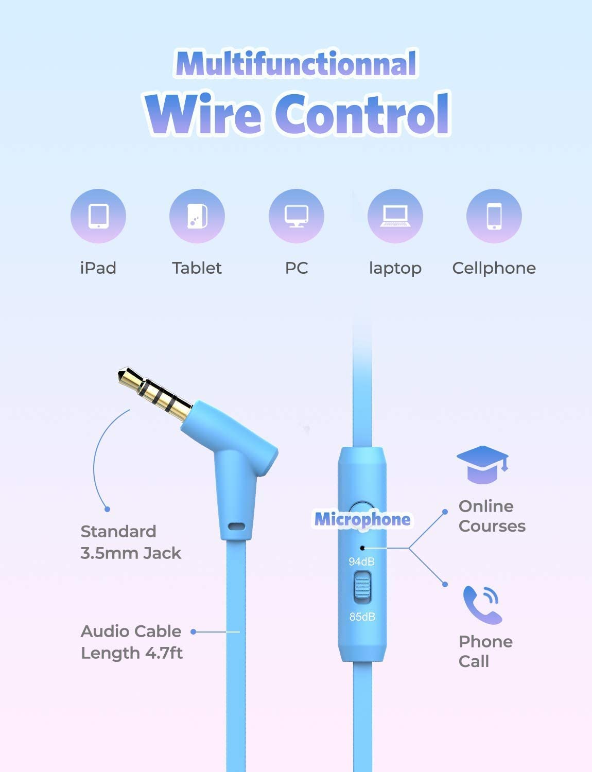 Headphones with microphone, design: cat ears, Blue