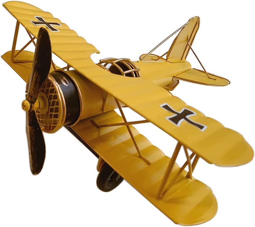 Large Retro Iron Plane Vintage Style Metal Biplane (Yellow)