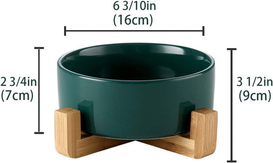 1 ceramic pet bowls with non-spill wooden stand, green