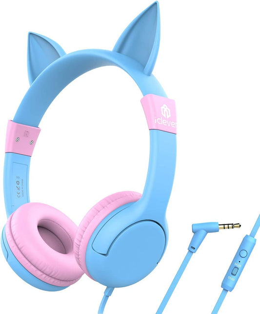 Headphones with microphone, design: cat ears, Blue