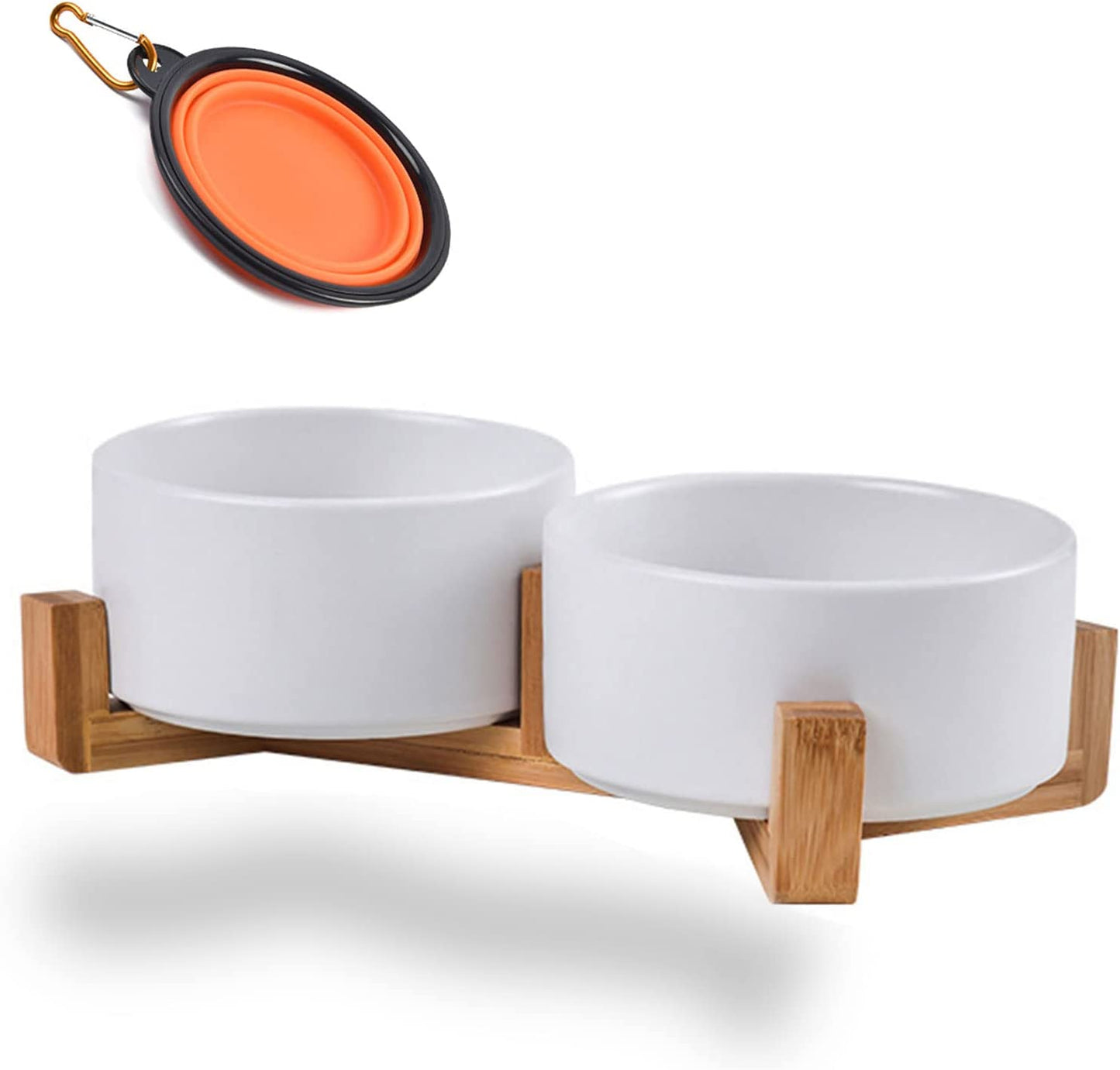 400ml*2 white ceramic pet bowl set with wooden stand