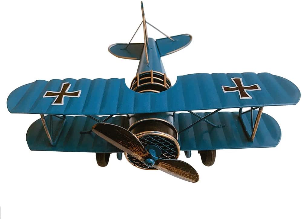 Large Retro Iron Plane Vintage Style Metal Biplane (Blue)