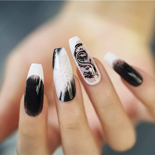 24Pcs Blooming Black White False Nails, Pattern Name: Dragon