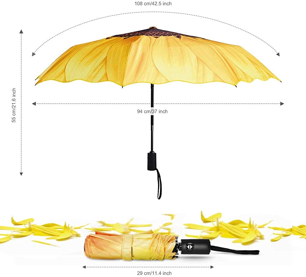 60 MPH Compact Travel Umbrella - Auto Open/Close (Sunflower)