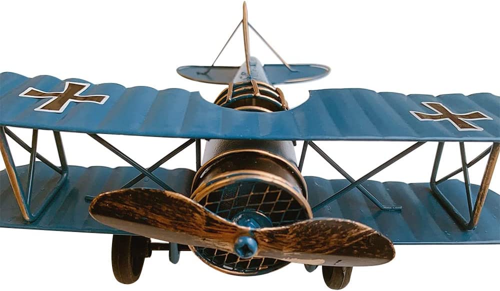 Large Retro Iron Plane Vintage Style Metal Biplane (Blue)