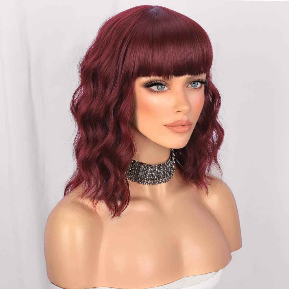 Curly wine red wig with bangs