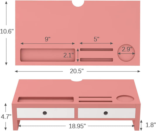 Desk Organizer with Monitor Stand and Drawers (Pink, White)