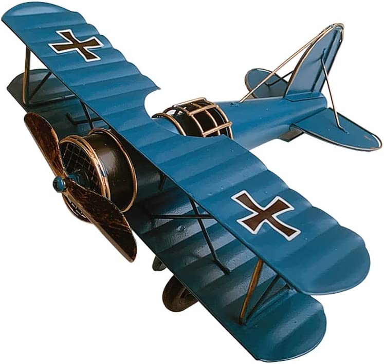 Large Retro Iron Plane Vintage Style Metal Biplane (Blue)