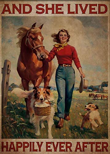 Vintage girl metal sign with horse and dogs