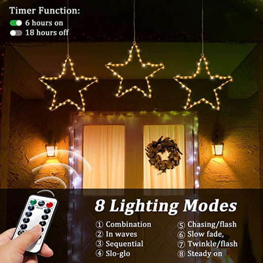 3 Pack Christmas Window Star String Lights, 45 LEDs, White