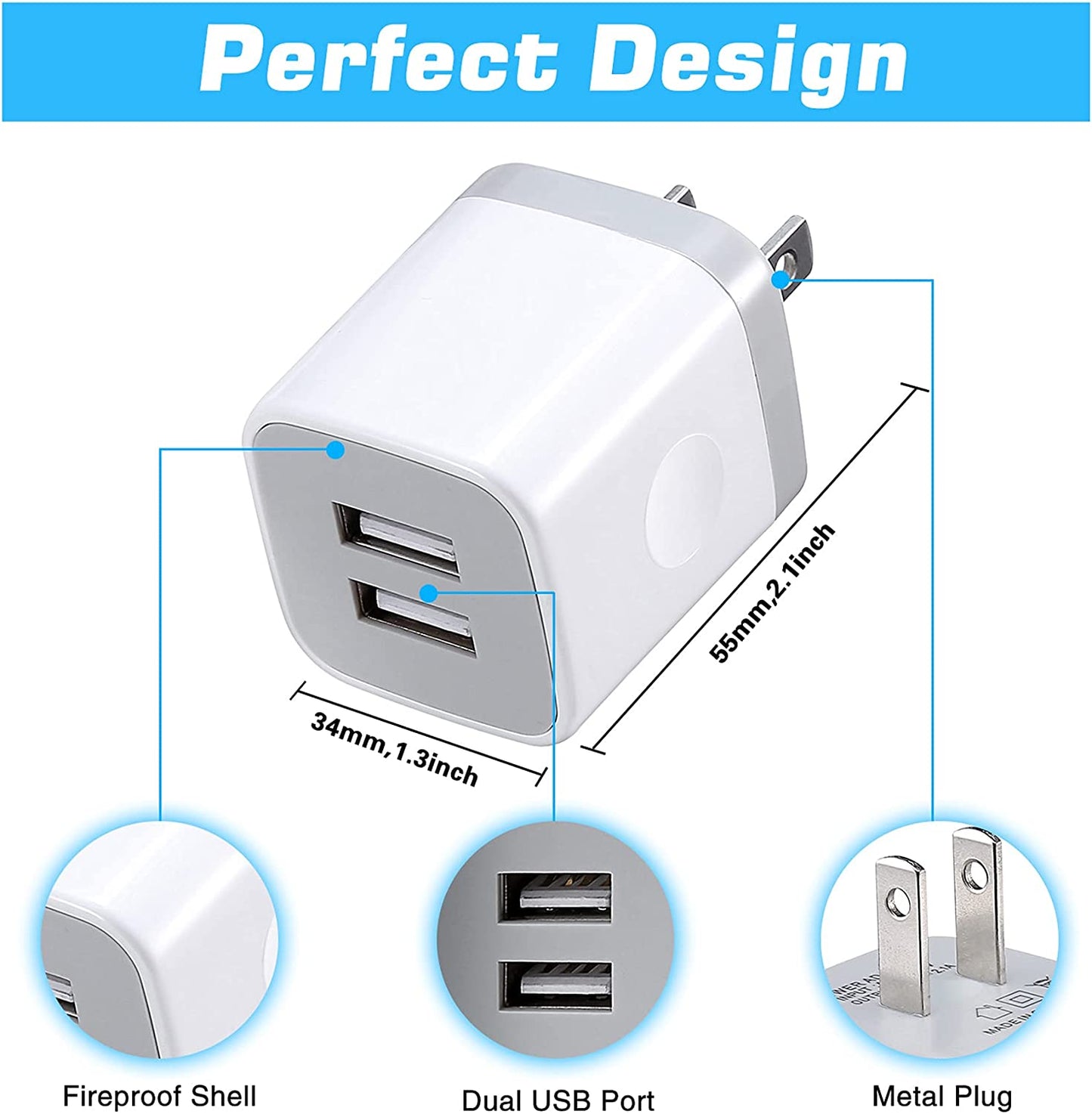 Dual Port USB Wall Charger Travel Plug Charging Block