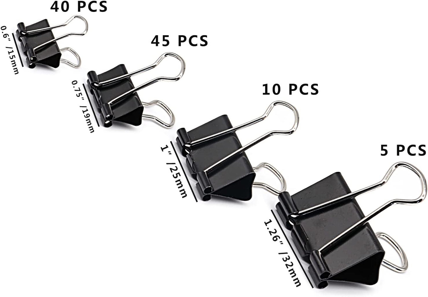 Black binder clips various sizes, Piece 100