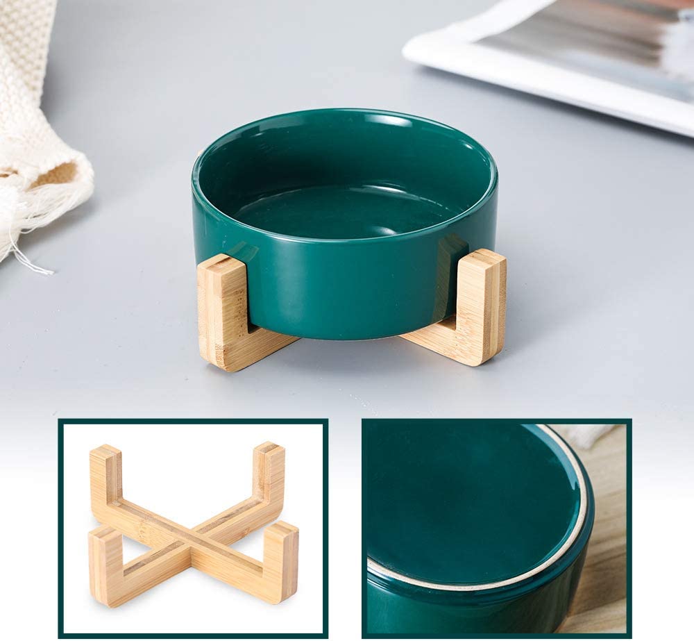 1 ceramic pet bowls with non-spill wooden stand, green