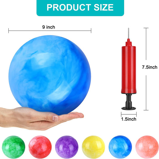 12 inflatable 9-inch balls and 2 hand pumps