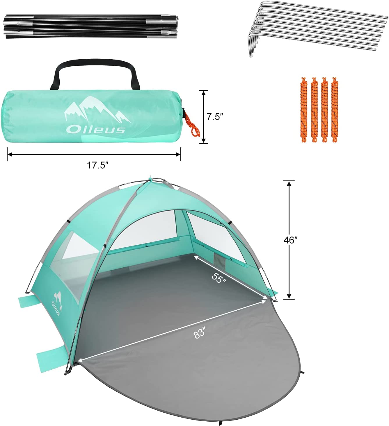 2-3 person portable sun tent with ventilation mesh, light green