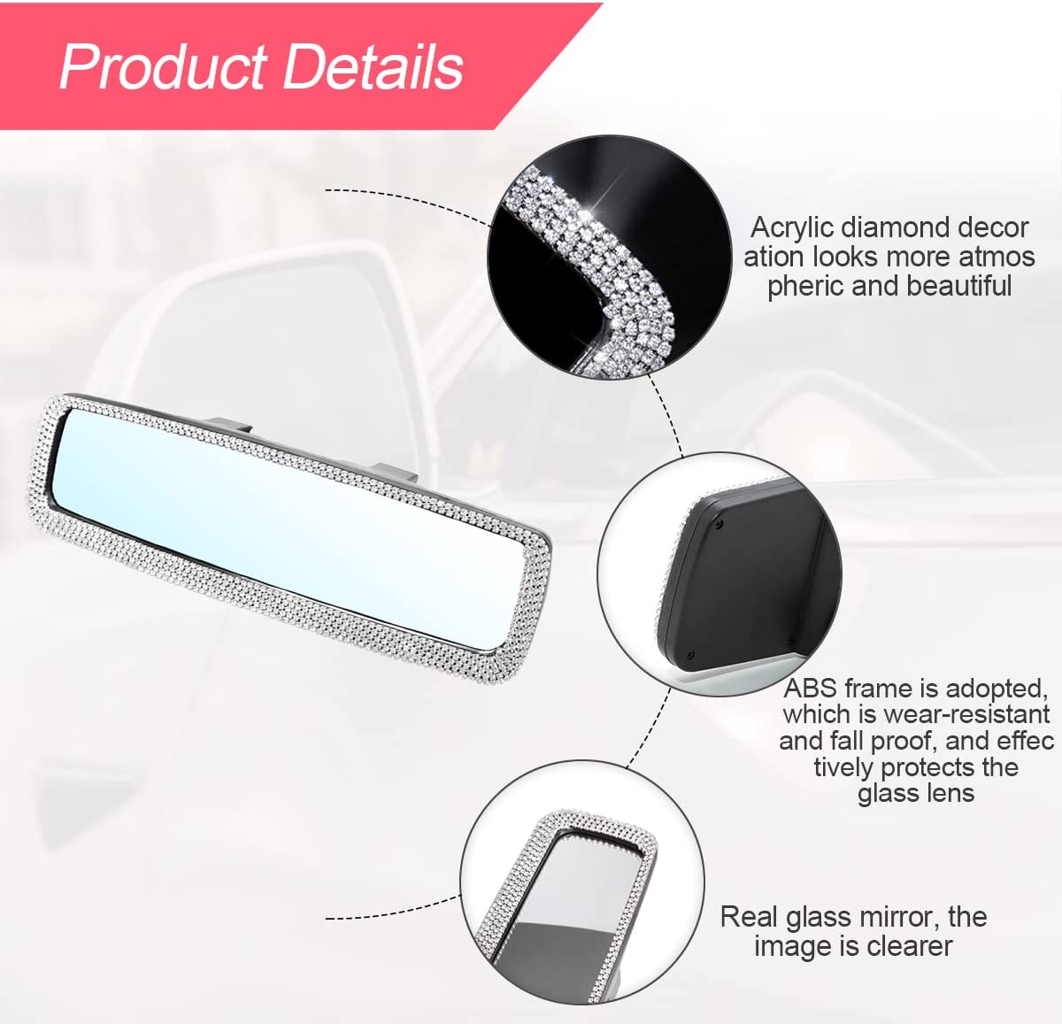 Shiny Rhinestone Car Interior Rearview Mirror, Color: White