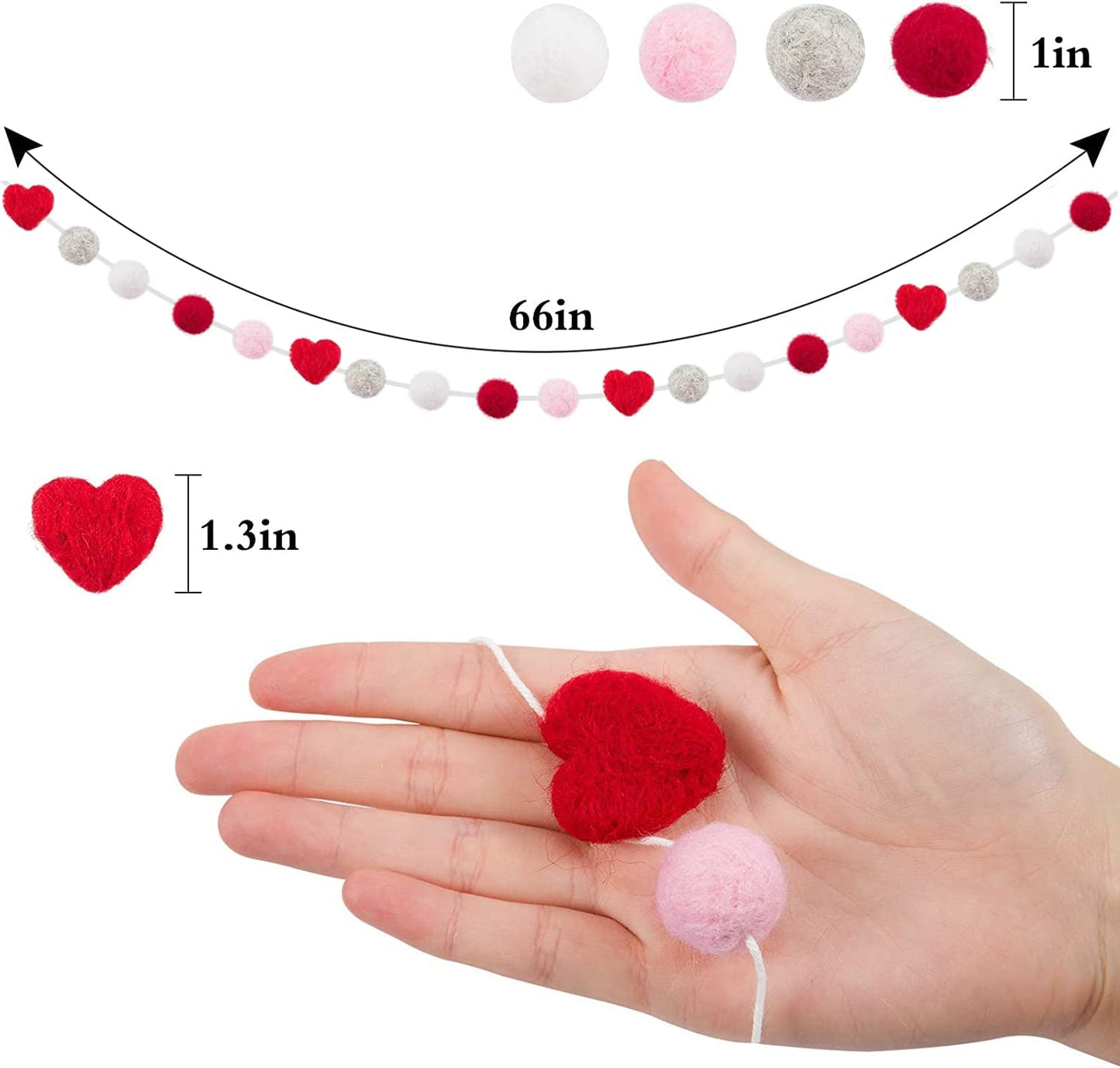 3 felt balls and garlands of hearts for Valentine's Day