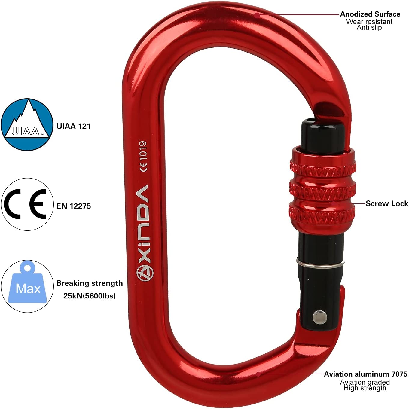 Oval Screwgate Locking Carabiner - 25KN, 2 pcs, Red