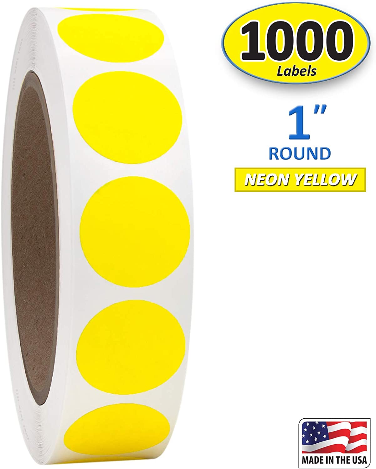 1" Circle Dot Labels, Roll of 1,000 (Neon Yellow)