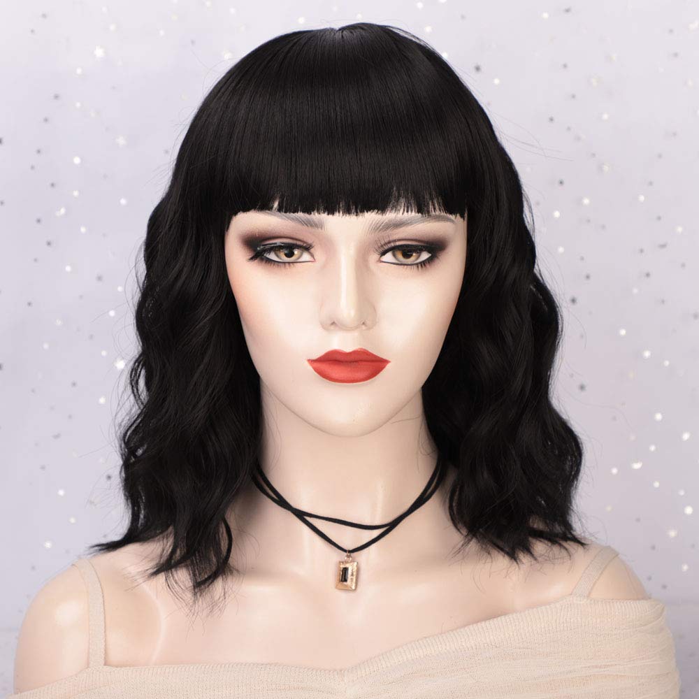 Curly color Black wig with bangs