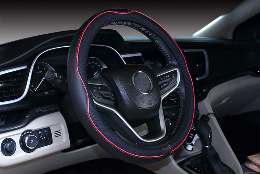 Microfiber Leather Car Steering Wheel Cover (Black  red)