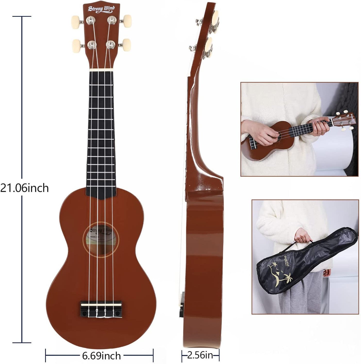 21" Basswood Soprano Ukulele with Gig Bag, Brown