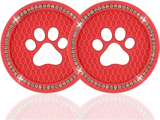 2 car coasters with red footprints print