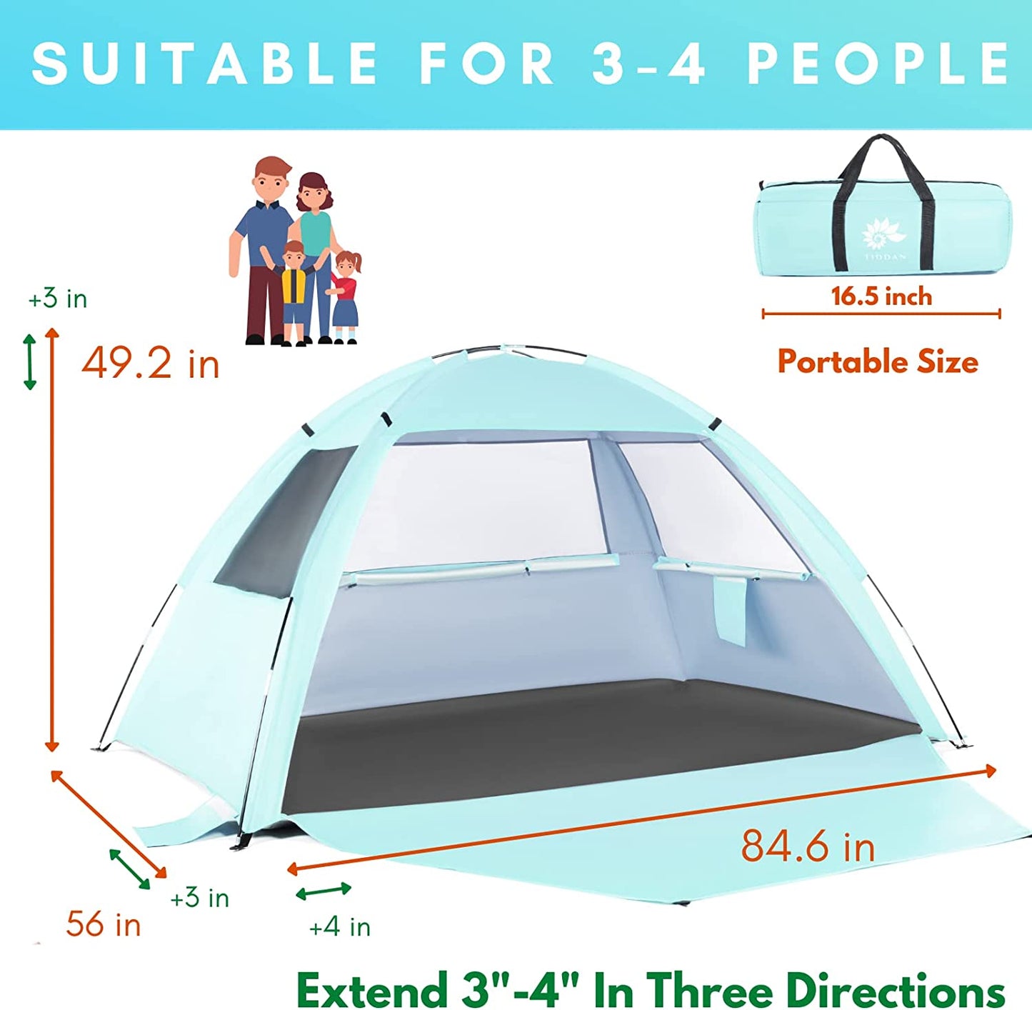 Beach Shade Tent, Turquoise, 84.6× 56×49.2"