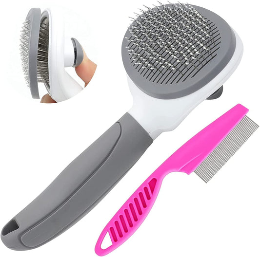 Pet brush and comb, gray-pink, 2pcs