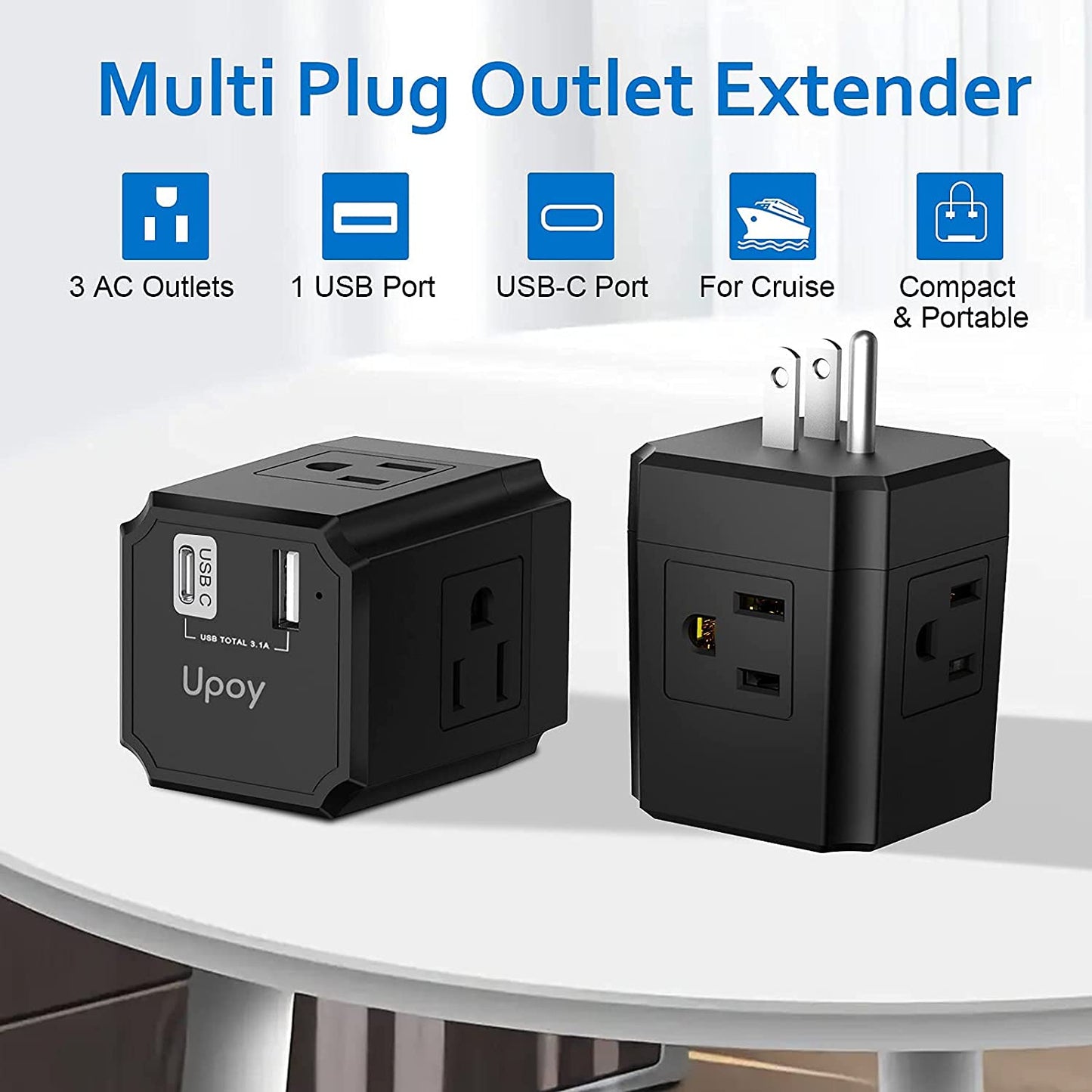 USB wall charger, 1875W outlet extender, 3 outlets, black