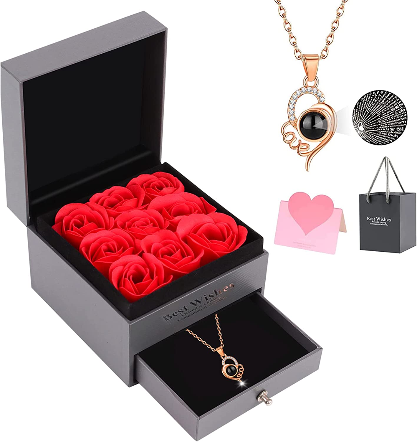 Real preserved rose with I Love You necklace, 9Red