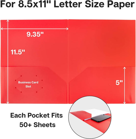 Plastic Folders With Pocket, 3-Pack (Red)