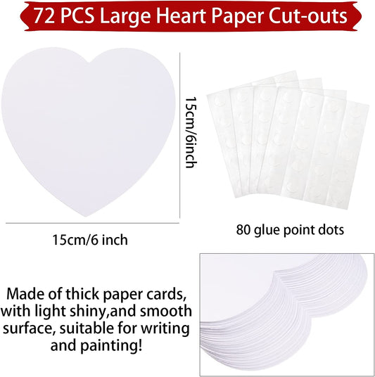 72 pieces of big heart paper cutouts, Color: White