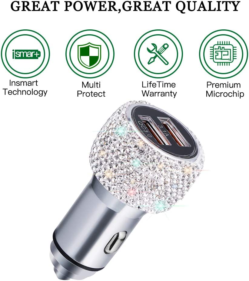 Car charger 3.0, with crystal rhinestones, (color: White)