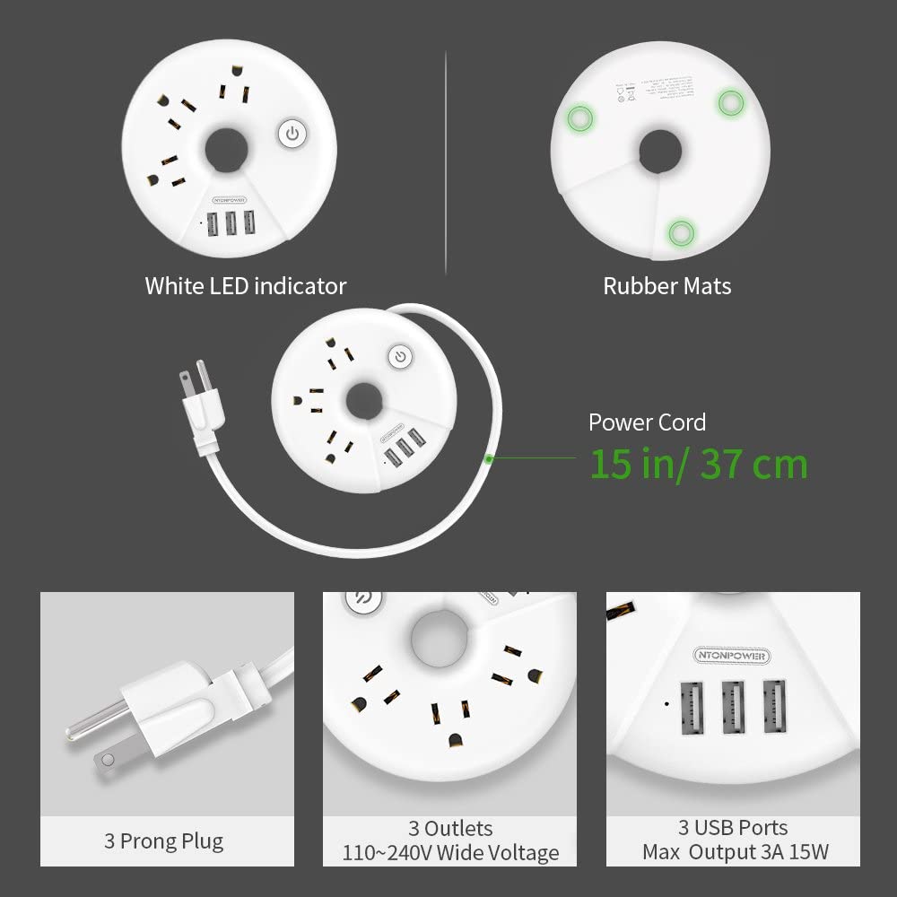 Power strip, 3 outlets 3 USB, white